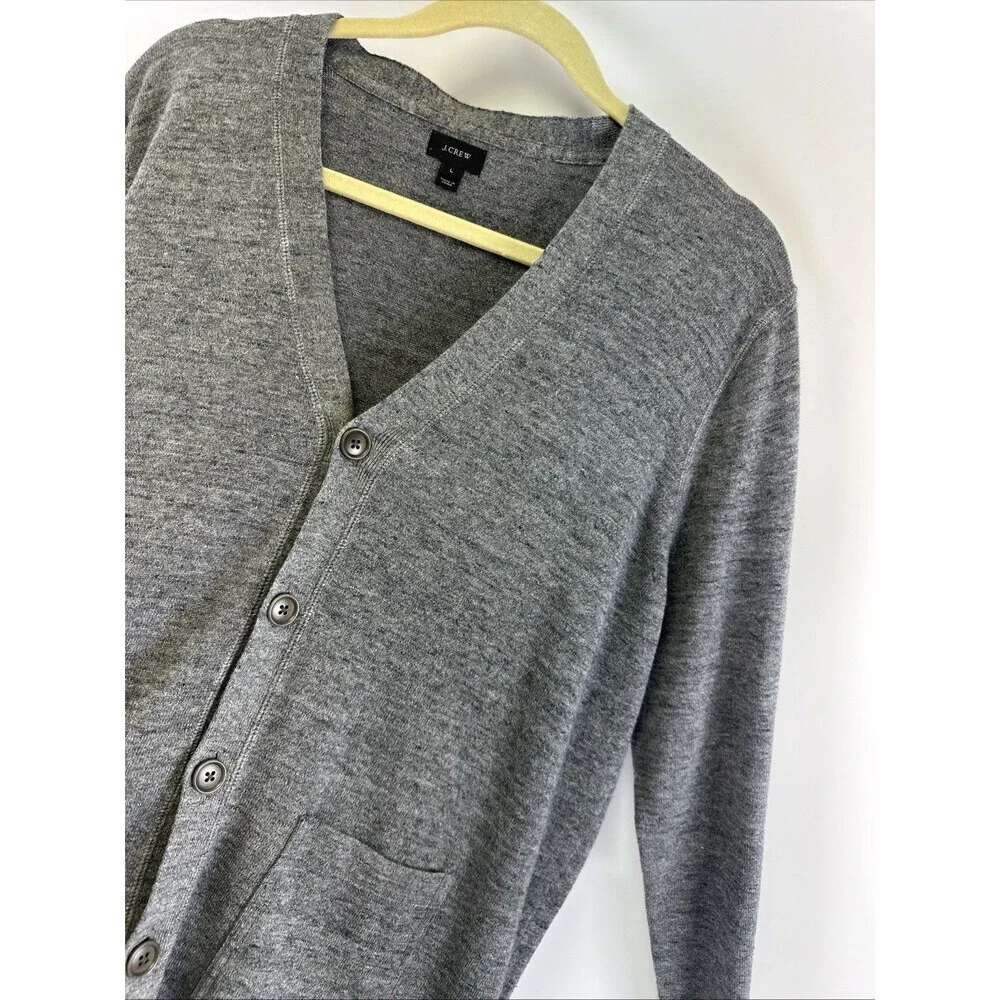 J Crew Boyfriend Cardigan Sweater Lightweight Gray Button V-Neck Patch Pockets L